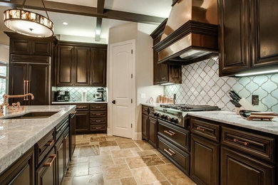 Transitional kitchen photo in Dallas with an undermount sink, mosaic tile backsplash and paneled appliances