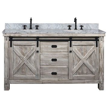 61" Solid Fir Barn Double Sink Vanity Arctic Pearl Marble Top, Wk8560-W+cw Top