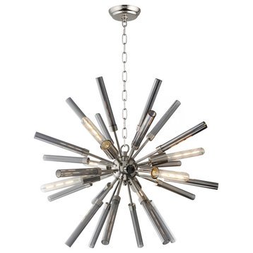 6-Light Sputnik Chandelier in Polished Nickel Finish and Hollow Smoke Glass Rods