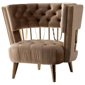 38" Dark Beige Velvet And Gold Exposed Back Accent Chair
