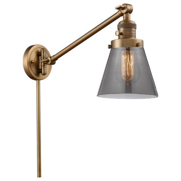 Small Cone 1-Light LED Swing Arm Light, Brushed Brass, Glass: Smoked
