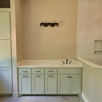 Custom Sage Green Vanity Suite with Built-In Linen Tower & Walk-In Shower