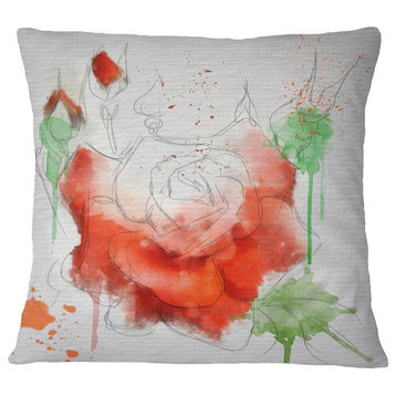 Red Rose Illustration Watercolor Floral Throw Pillow, 16"x16"