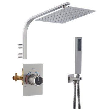 10inch Wall Mounted Rain Shower System With Handheld & Unique Shower Arm, Brushed Nickel