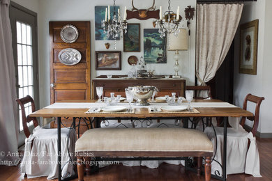 Design ideas for a country dining room in Other with grey walls and medium hardwood floors.