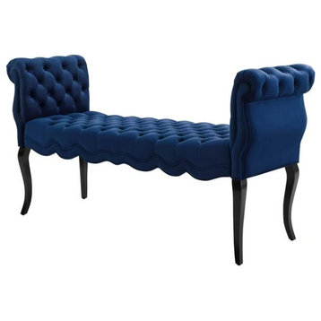 Accent Bench, Chesterfield Design With Cabriole Legs & Tufted Seat, Navy