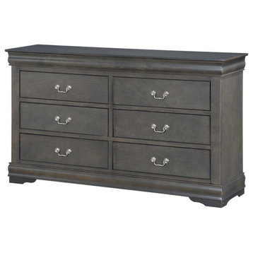 Double Dresser, 6 Storage Drawers and Dovetail French Back, Dark Gray Finish