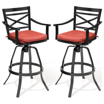 Outdoor Cast Aluminum Swivel Bar Stool With Cushion, Set of 2, Red