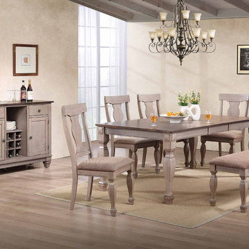 7 Piece 2 Tone Brown Wood Rectangle Dining Room Table, 4 Chairs, Bench & Buffet
