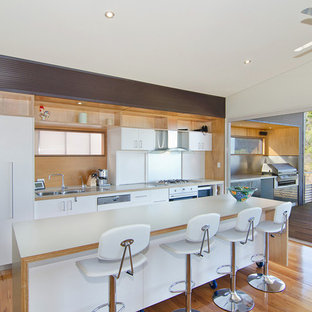 Foto de cocina lineal, marinera, con fregadero de doble seno, armarios con paneles lisos, puertas de armario blancas, suelo de madera clara y una isla