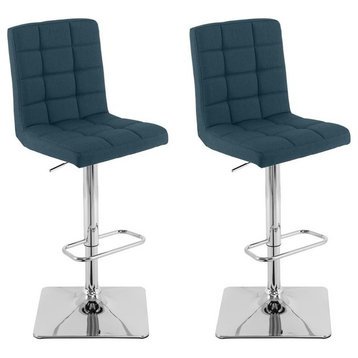 Quinn Dark Blue Fabric Square Tufted Adjustable Barstools - Set of 2