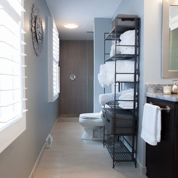 Master bath with enlarged shower and espresso bamboo vanity