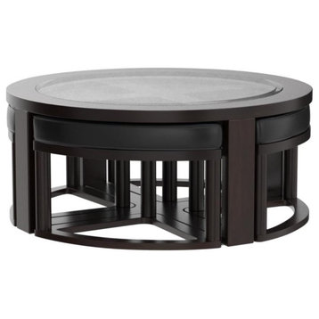 Unique Coffee Table, Crossed Base With 4 Nesting Stools & Glass Top, Espresso