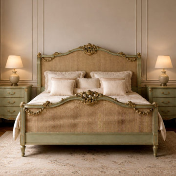 French Rococo Cane Bed with Ornate Carved Wood Frame