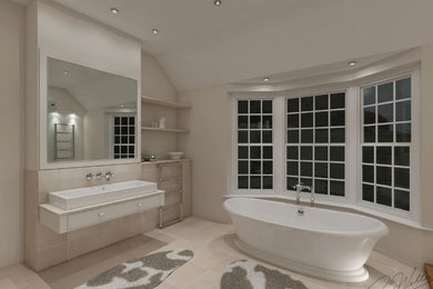 Photo of a large traditional 3/4 bathroom in Essex with beaded inset cabinets, beige cabinets, a freestanding tub, an open shower, a wall-mount toilet, beige tile, stone tile, beige walls, limestone floors, a vessel sink and limestone benchtops.