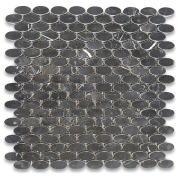 Nero Marquina Black Marble 1-1/4x5/8 Oval Ellipse Mosaic Tile Polished, 1 sheet