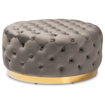 Bowery Hill Gray Velvet Upholstered Gold Finished Cocktail Ottoman