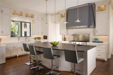 Transitional dark wood floor kitchen photo in Dallas with an undermount sink, shaker cabinets, white cabinets, stainless steel appliances and an island