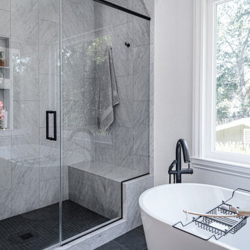 Walnut Creek Primary Bathroom with Carrara Marble Walk In Shower & Bench