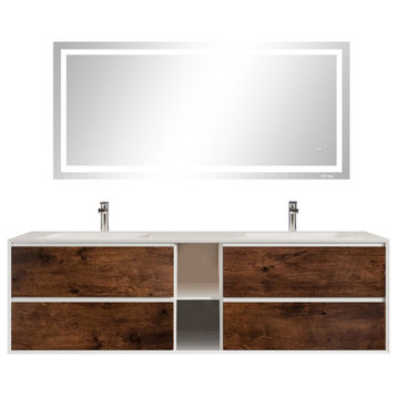 Eviva Vienna 75" Rosewood w/ White Frame Wall Mount Double Sink Bathroom Vanity