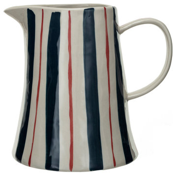 Hand-Painted Stoneware Pitcher With Wax Relief Stripes, Multicolor