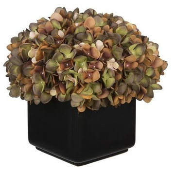 Artificial Coffee/Sage Hydrangea in Large Black Cube Ceramic