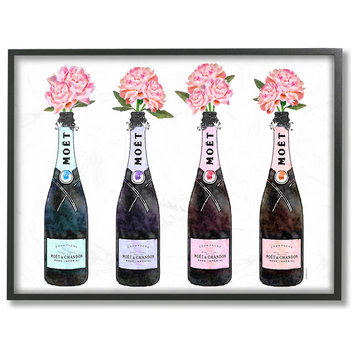 Black Purple and Blue Champagne Bottles With Peonies, Black Framed, 11"x14"