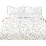 Collection - Freesia Vineyard Patchwork Quilt Set, Queen - A beautifully fresh sleep accompanies with an equally freshly blossomed design to wake up to with our Collection Freesia Vineyard Patchwork Quilt Set, Floral, White, 2-3-Pieces. This elegantly swirly floral designed light weight patchwork quilt set is ideal for any home that wishes to wrap them self around a peaceful yet simplistic design filled with elegance. It is finished off with a swirly floral Victorian patchwork pattern design to give it a beautifully simplistic & completed look. The backside includes very fine floral pointillism markings with a beige shade. Made with polyester microfiber and contains 50% cotton and polyester filling created for your comfort for the softest and coziest material.