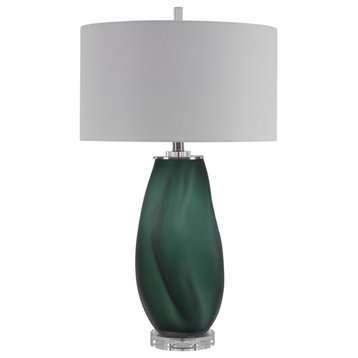 Luxe Frosted Emerald Green Art Glass Table Lamp Modern Organic Free Form Twist