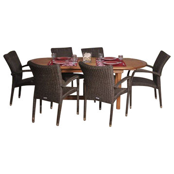 Lemans Deluxe 7-Piece Eucalyptus and Wicker Extendable Oval Patio Dining Set