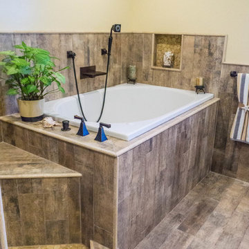 Earthy Wood & Glass Master Bath