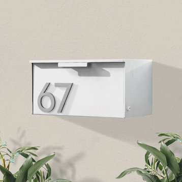 Short Stack Wall Mounted Mailbox + House Numbers, White, Silver Font