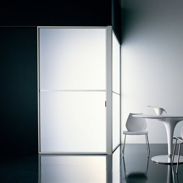 Modern dinning room with frosted glass door and wall