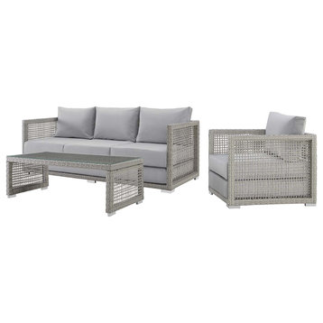 Modern Outdoor Patio Sofa, Chair and Coffee Table Set, Rattan Fabric, Grey Gray