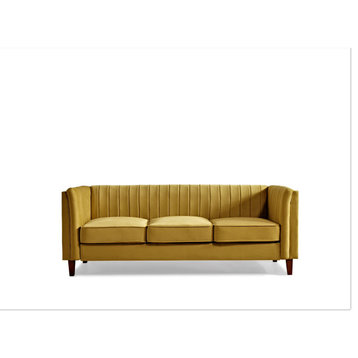 Modern 3 Seater Sofa, Velvet Seat & Vertical Channel Tufted Backrest, Yellow