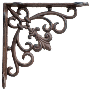 Cast Iron Wall Shelf Bracket, Swirl Fleur De Lis, Rust Brown, 7.5" Deep