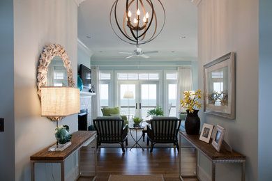 Photo of a beach style foyer in Charleston with blue walls and medium hardwood floors.