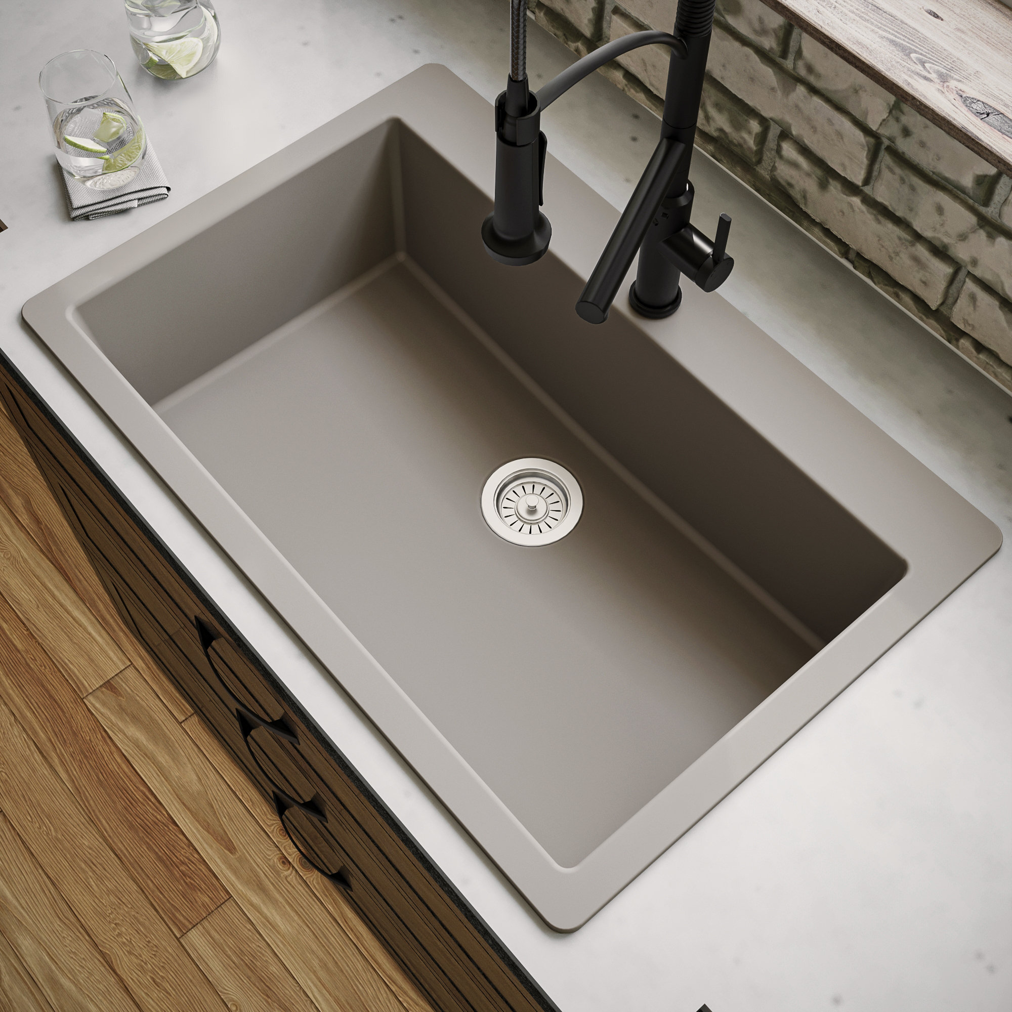 Karran QT-812 Top Mount 33" Large Single Bowl Quartz Kitchen Sink, Concrete