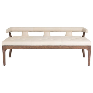 Luxe Sleek Contemporary Ivory Leather Long Bench Open T Back Walnut Wood