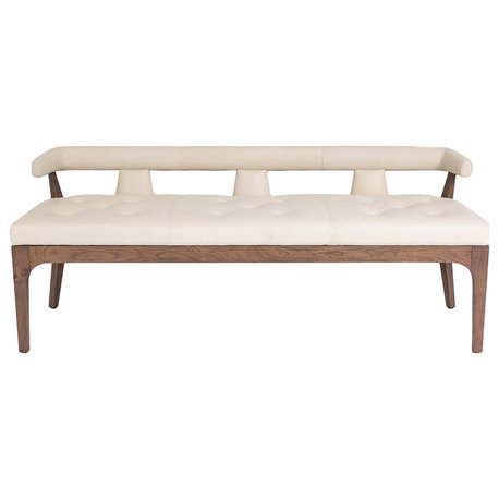 Luxe Sleek Contemporary Ivory Leather Long Bench Open T Back Walnut Wood