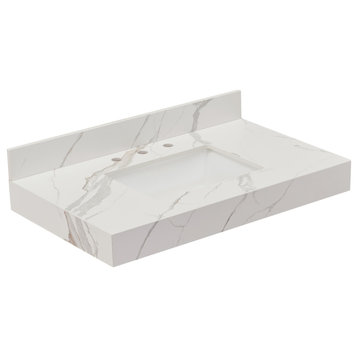 Marseille Bathroom Vanity Countertop, Calacatta White With White Sink, 36"