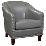 Grafton Home - Giles Nail Trim Barrel Chair by Grafton Home, Charcoal Grey Faux Leather - Stylish and eye-catching, this chair will make a statement in any room in your home. The Giles Accent Chair has a comfortable curved back and a plush seat for comfort, while the Large Silver tone decorative nail heads and the tapered espresso legs add to the luxurious look. Gorgeous upholstery in faux leather and fabric options.