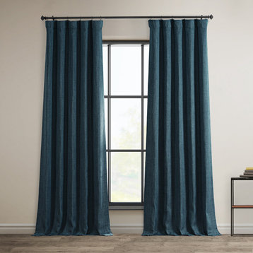 Faux Linen Darkening Curtain Single Panel, Story Blue, 50"x96"