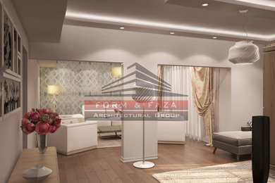 Family room - mid-sized modern open concept brown floor family room idea in Other with white walls