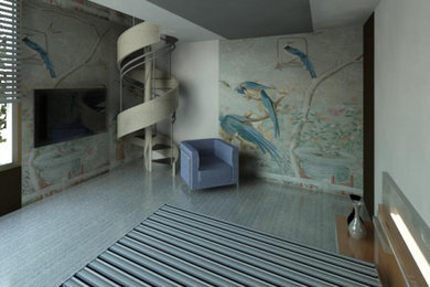 Imagen de dormitorio tipo loft moderno de tamaño medio con paredes grises, suelo de madera clara y suelo gris