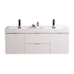 60 inch Wall Mount Double Sink Modern Bathroom Vanity Gloss White Finish - Bathroom Vanities And Sink Consoles