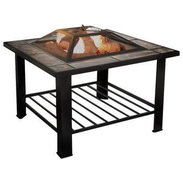Pure Garden 30 inch Square Fire Pit and Table with Cover, Black
