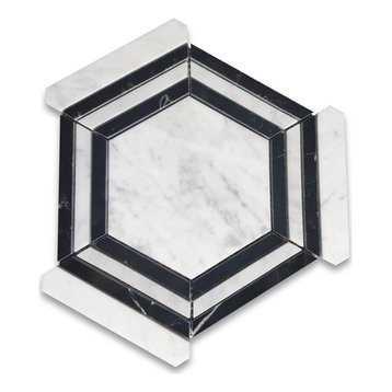 Carrara White Marble Georama Hexagon Black Strip Tile Polished, 1 sheet