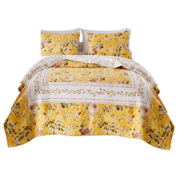 Benzara BM245659 3 Piece Full Queen Quilt Set With Floral Print, Yellow