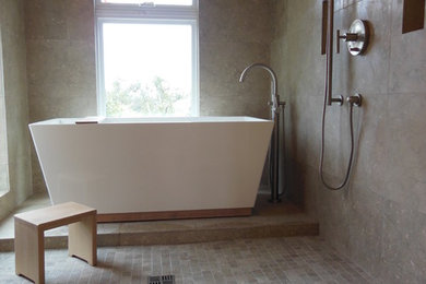 Mid-sized trendy master beige tile and ceramic tile mosaic tile floor and beige floor bathroom photo in San Francisco with a two-piece toilet, beige walls and a vessel sink